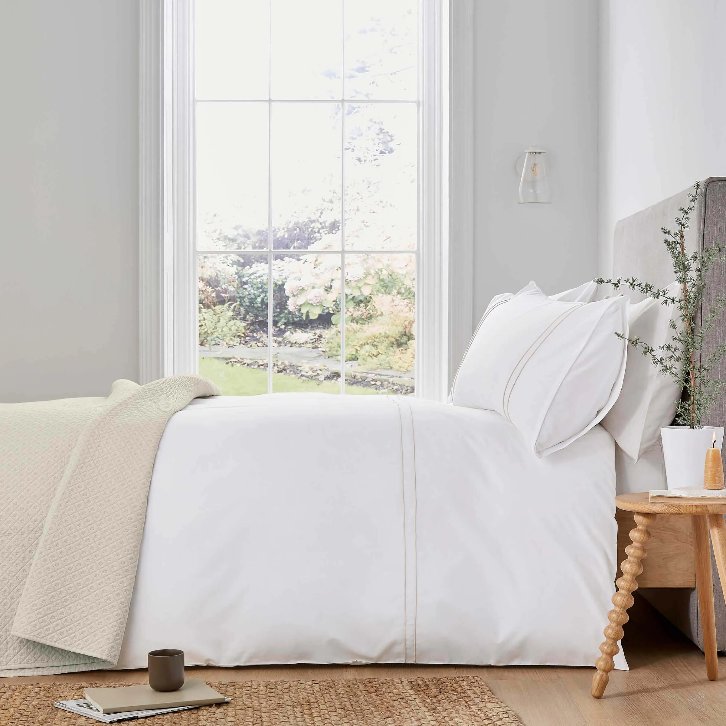 Double Duvet Cover with Embroidery - Ivory, Cotton