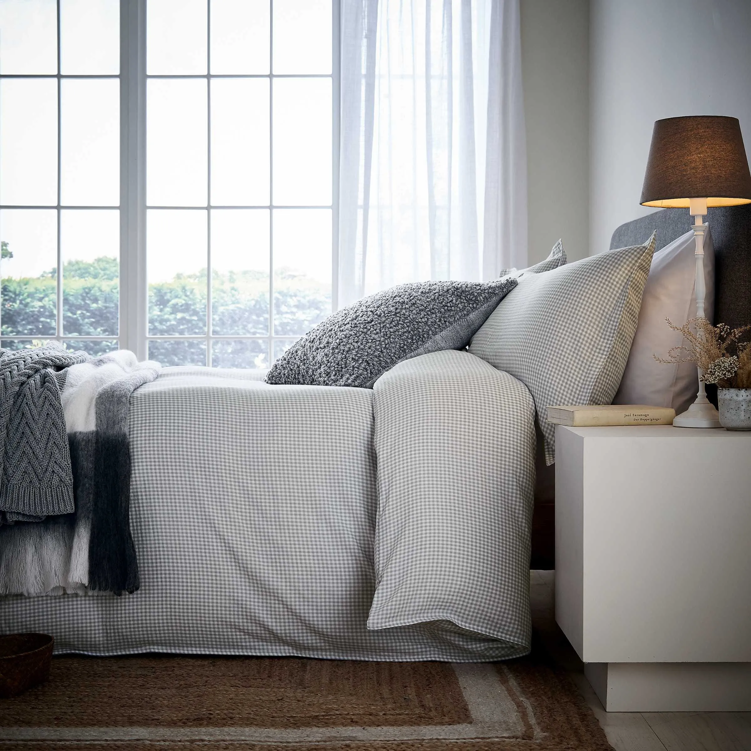 King Size Duvet Cover Set Gingham - Grey, Cotton