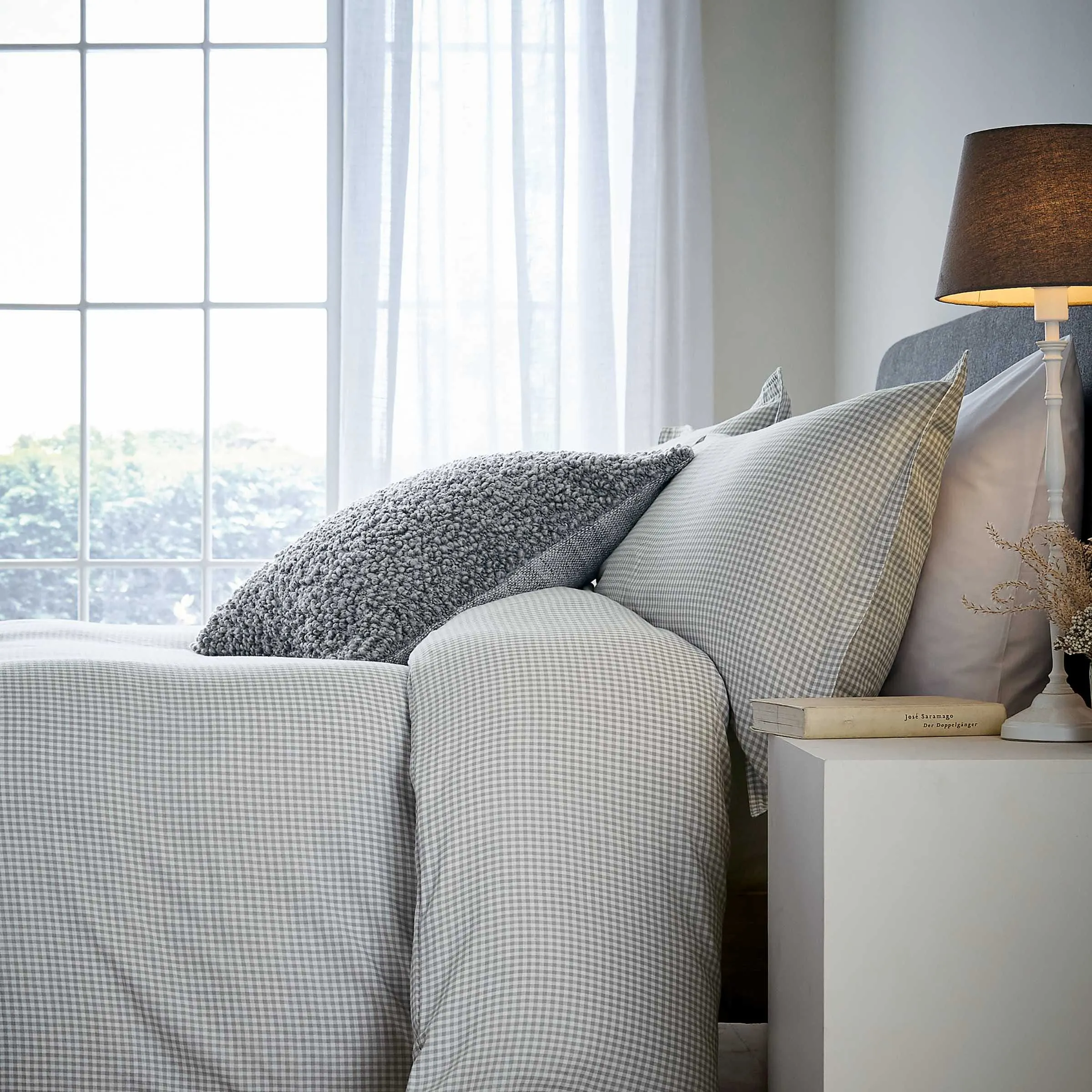 King Size Duvet Cover Set Gingham - Grey, Cotton