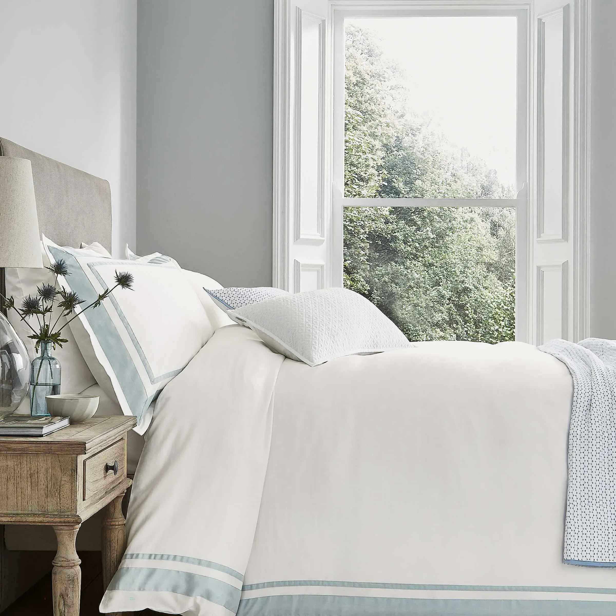 King Size Duvet Cover with Border - Blue, Cotton