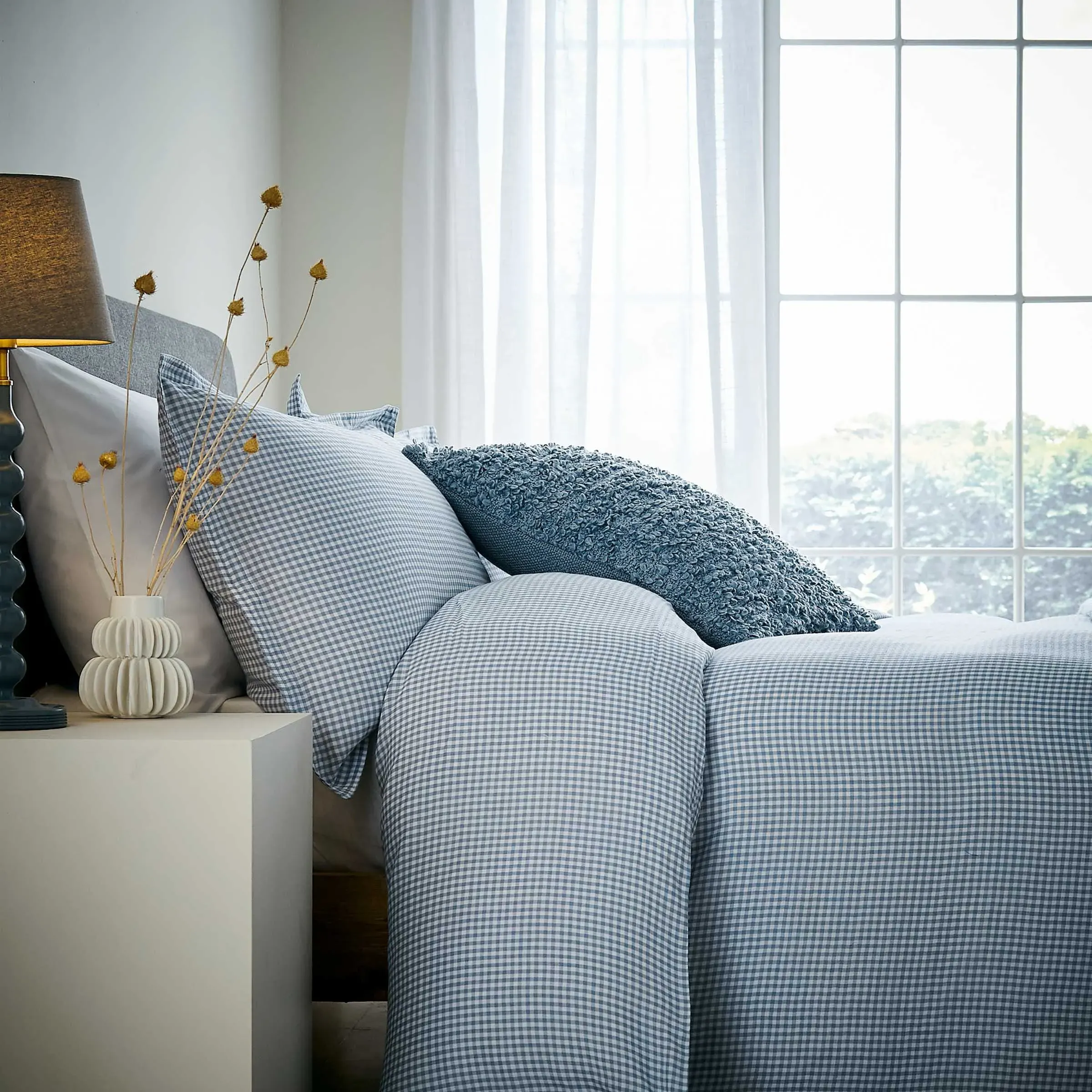 Super King Duvet Cover Set Gingham - Blue, Cotton