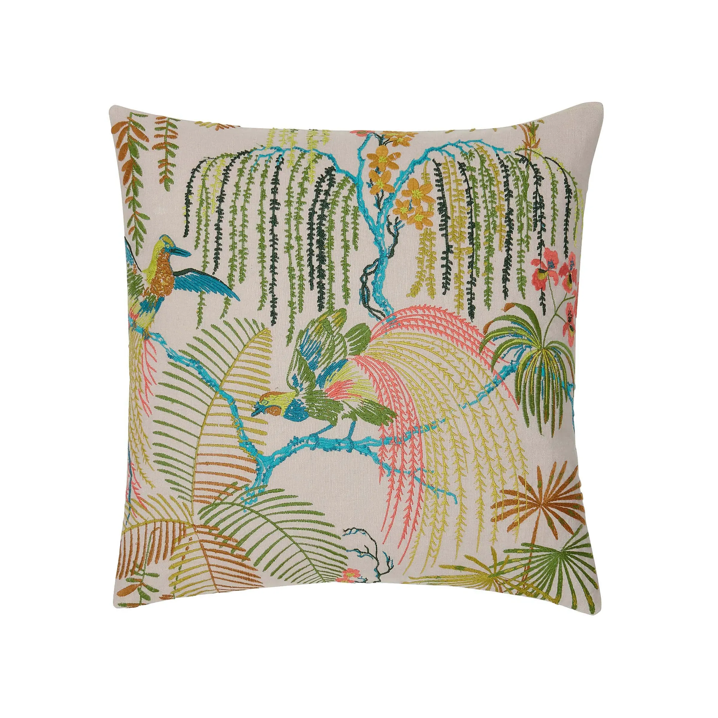 45cm Square Cushion with Embroidery - Green, Cotton image