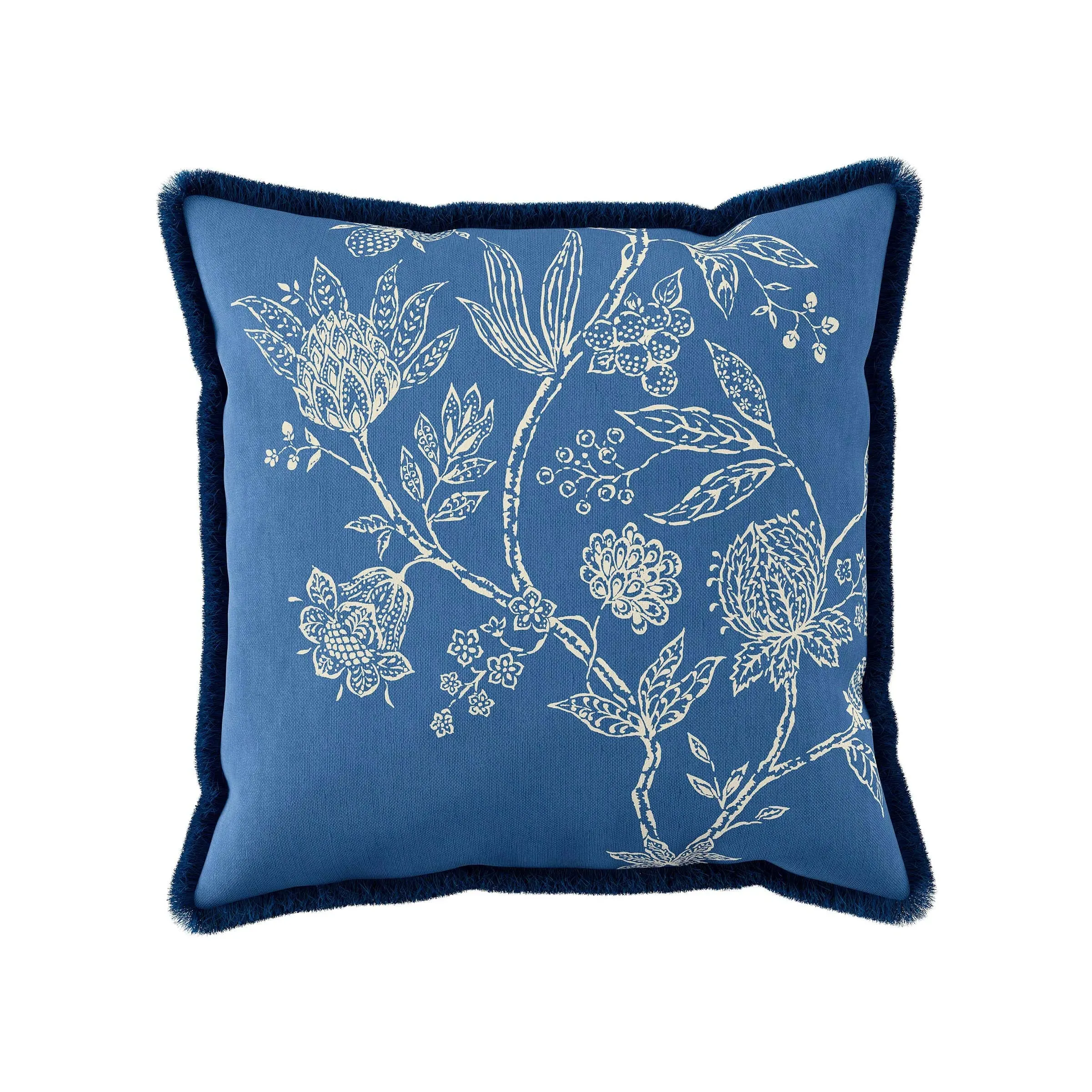 45cm Square Cushion with Fringe - Blue, Cotton