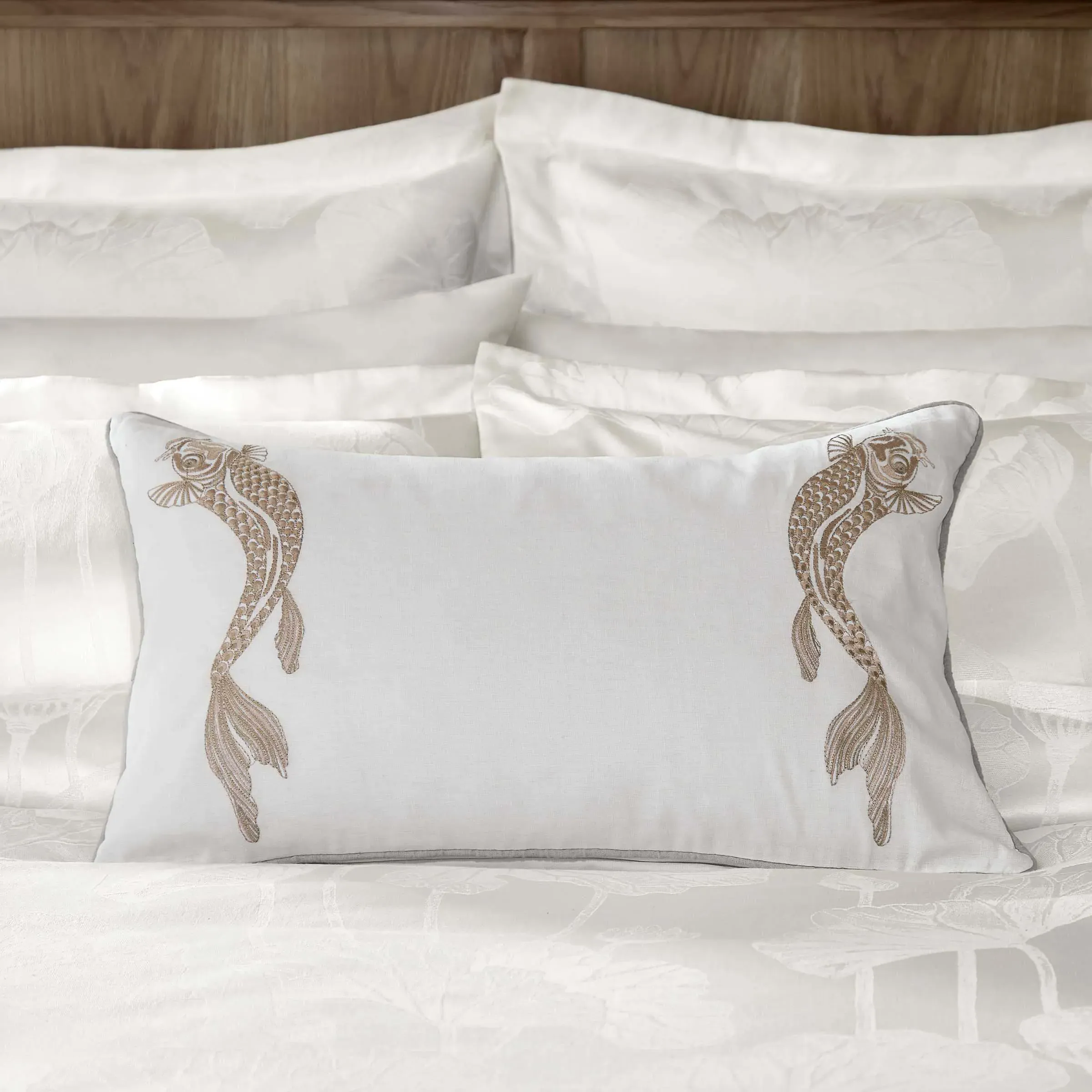 Embroidered Cushion with Lotus Leaf - Ivory, Cotton