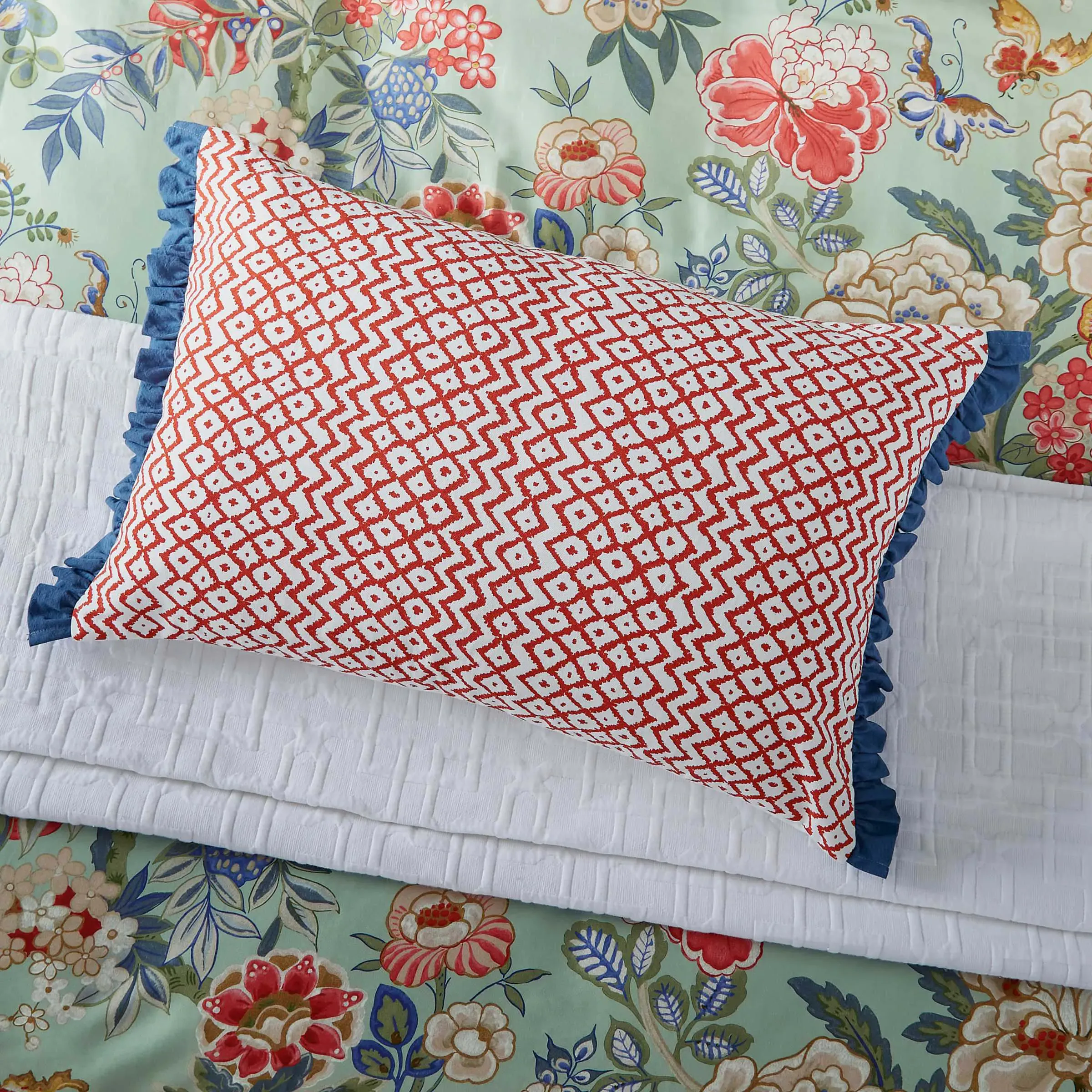 Rectangular Cushion with Peony Print - Apricot