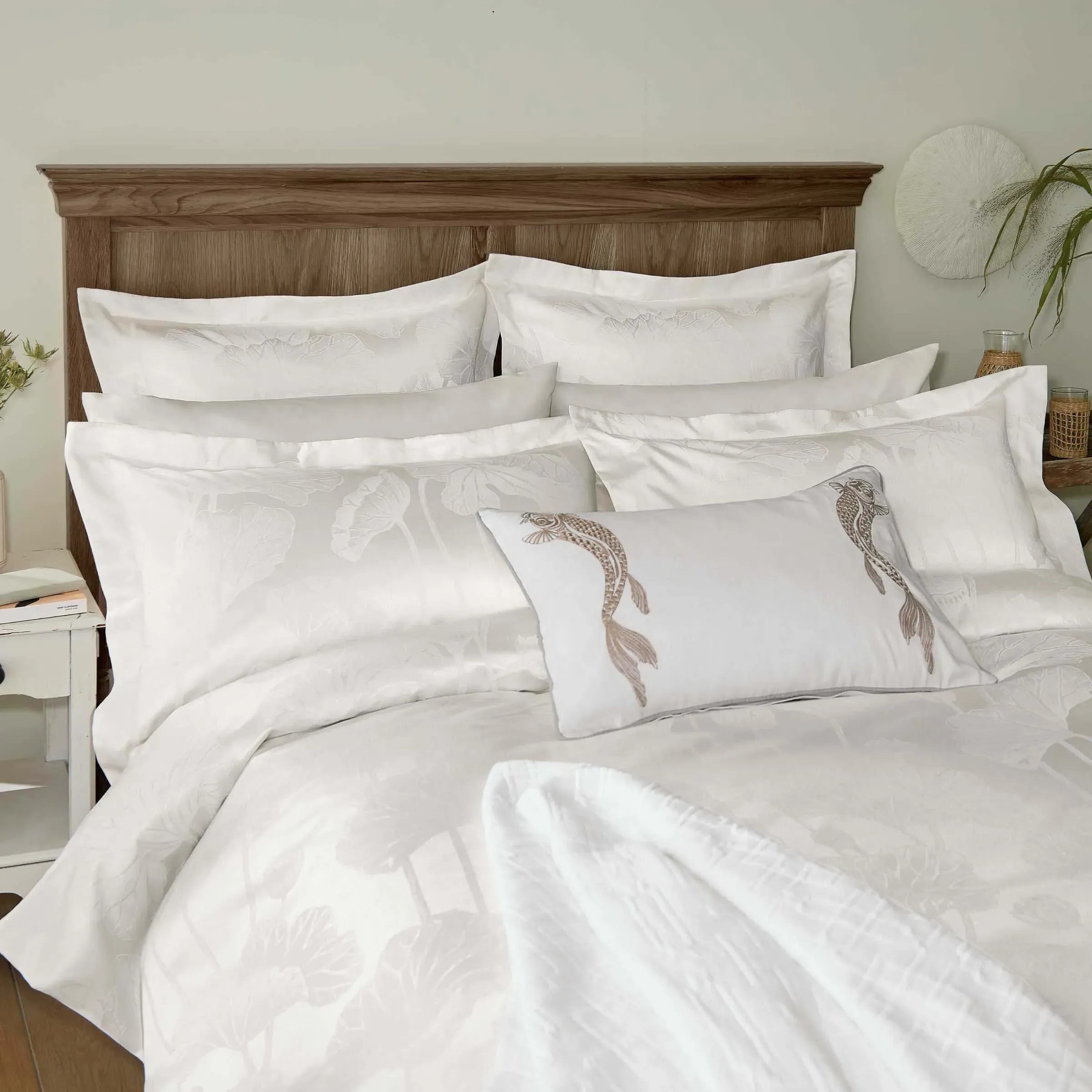 Square Pillowcase with Lotus Design - Ivory