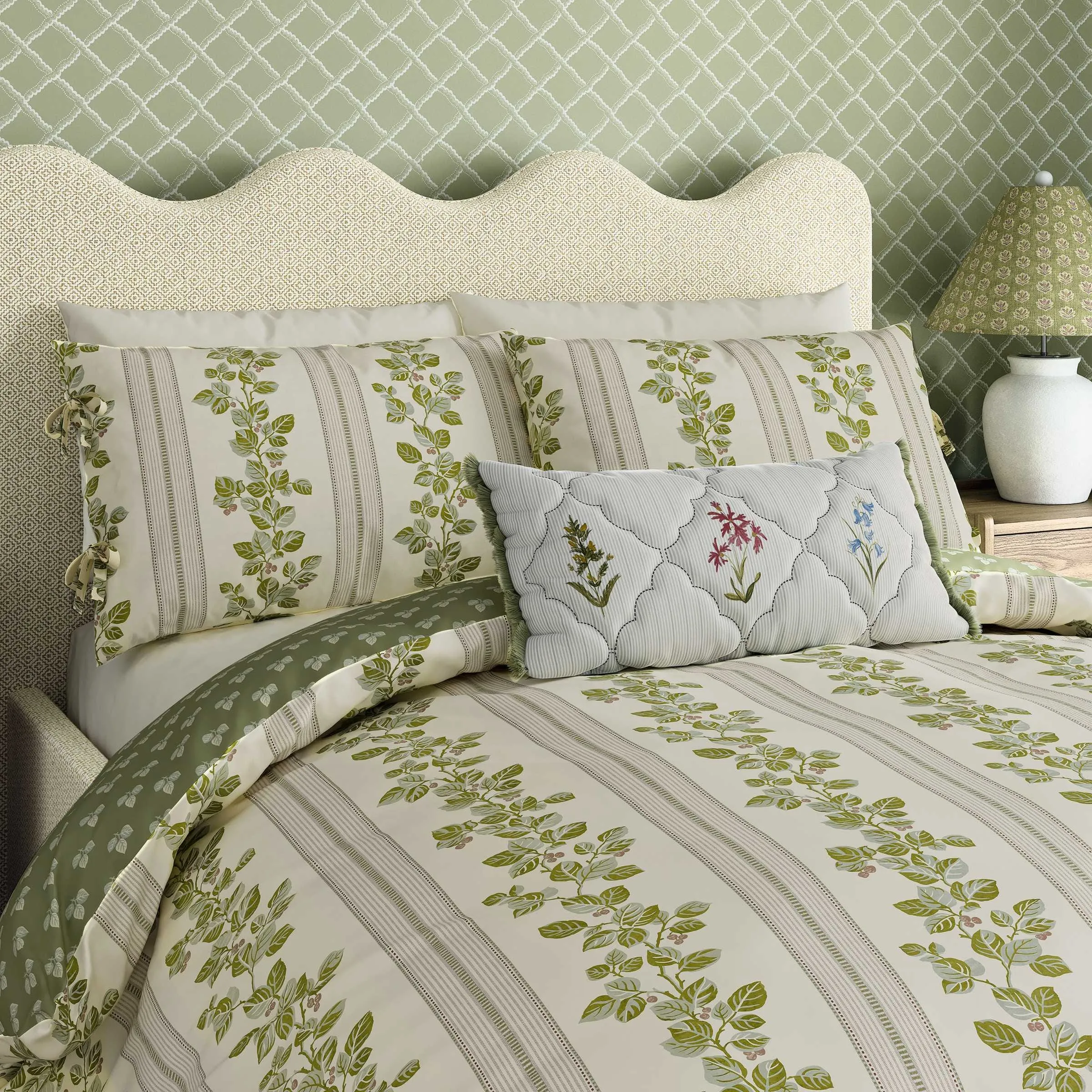 Cobnut Stripe Single Duvet Cover Set - Leaf Green, Cotton Percale product
