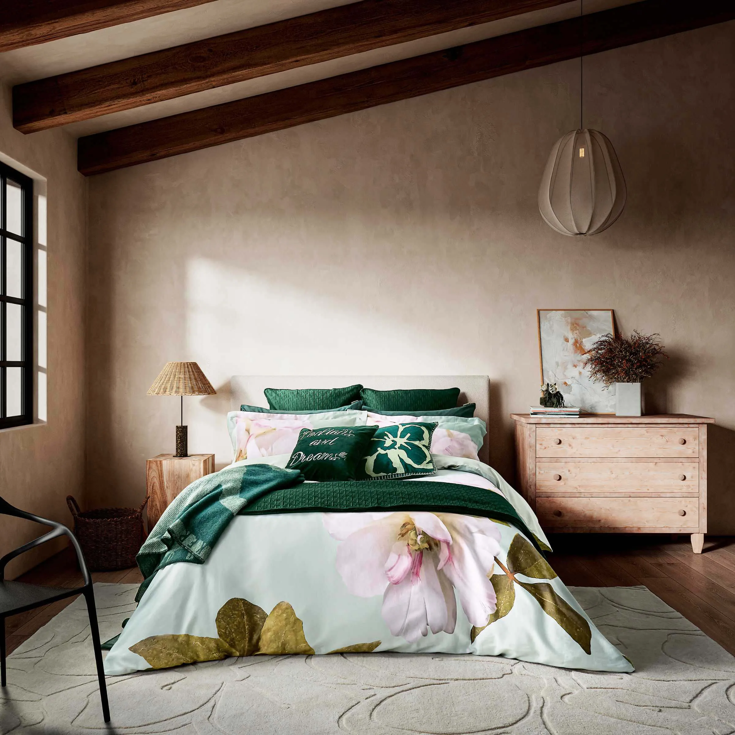 Double Duvet Cover Set Floral - Mint, Cotton