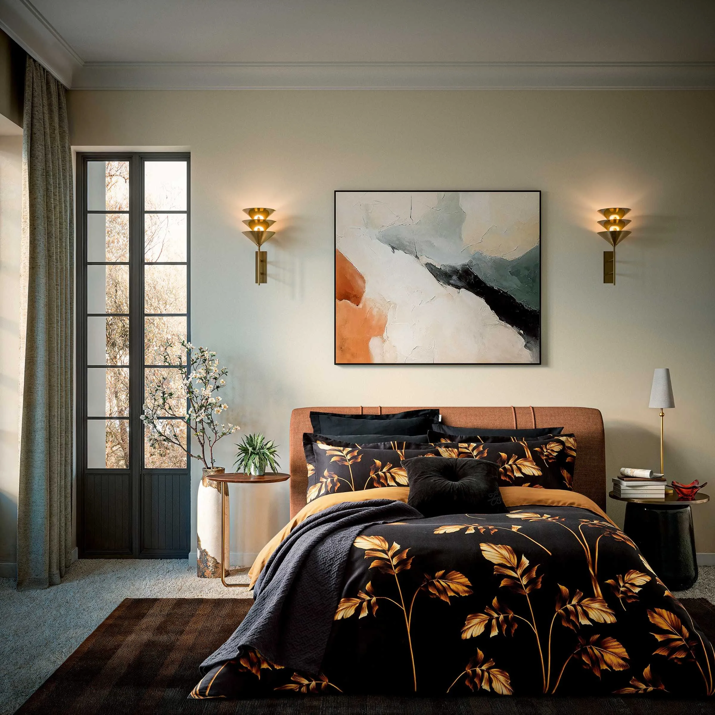 Gilded Floral Double Duvet Cover Set - Black, Cotton Sateen alternate view