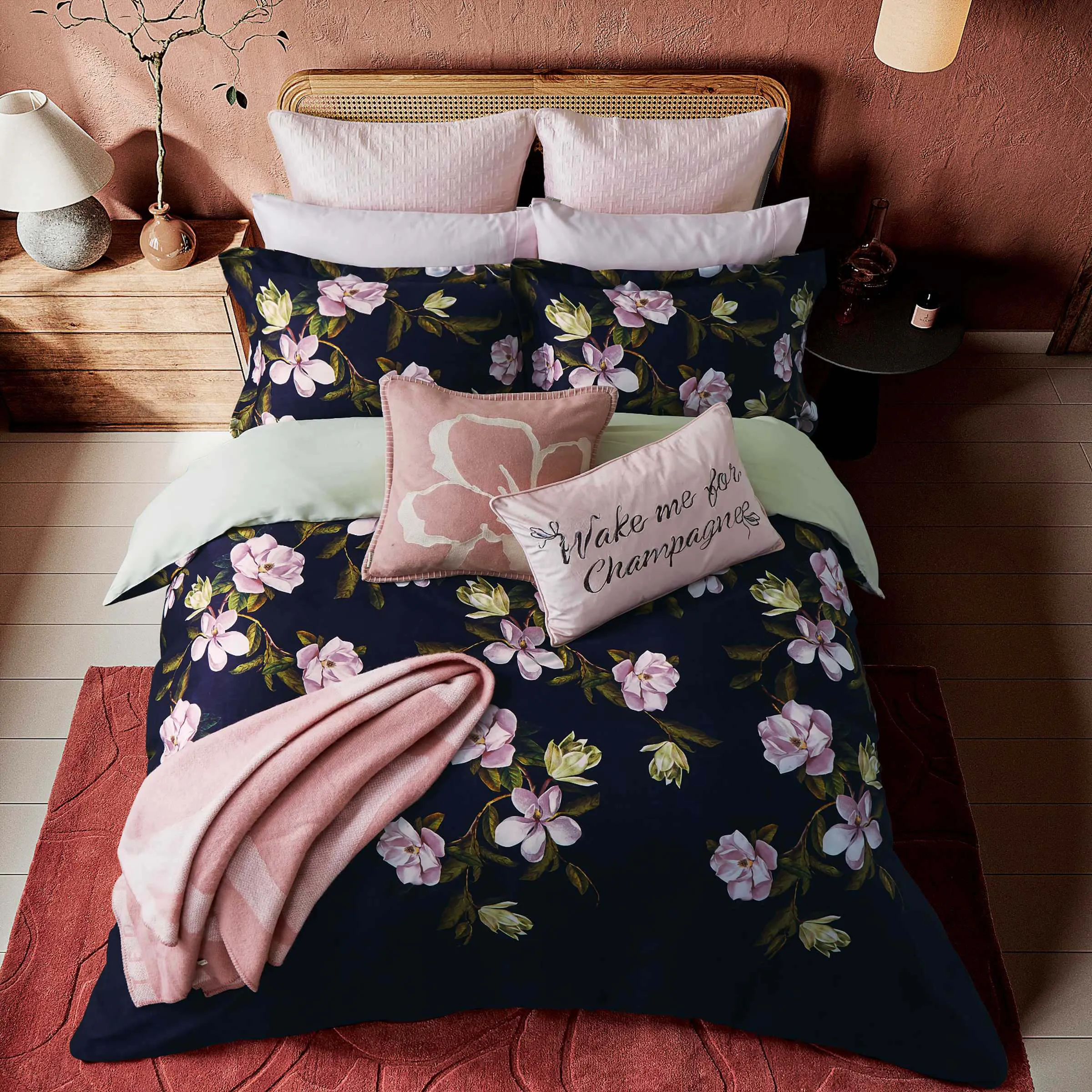 King Size Duvet Cover Set Floral - Navy, Cotton