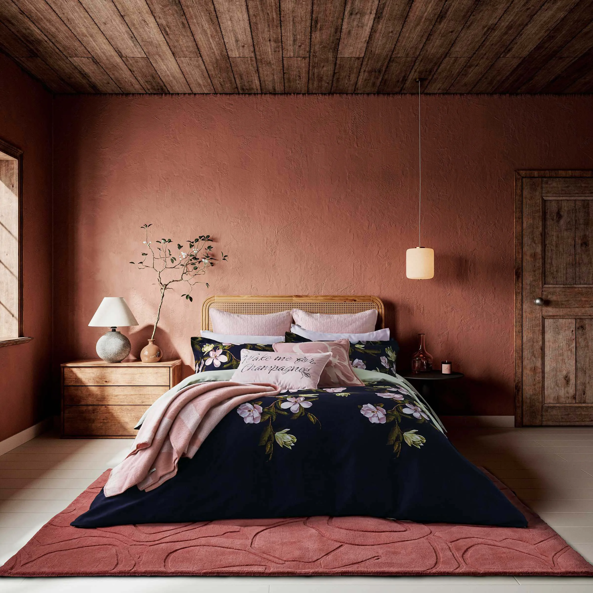 Square Cushion with Embroidery - Navy, Fabric