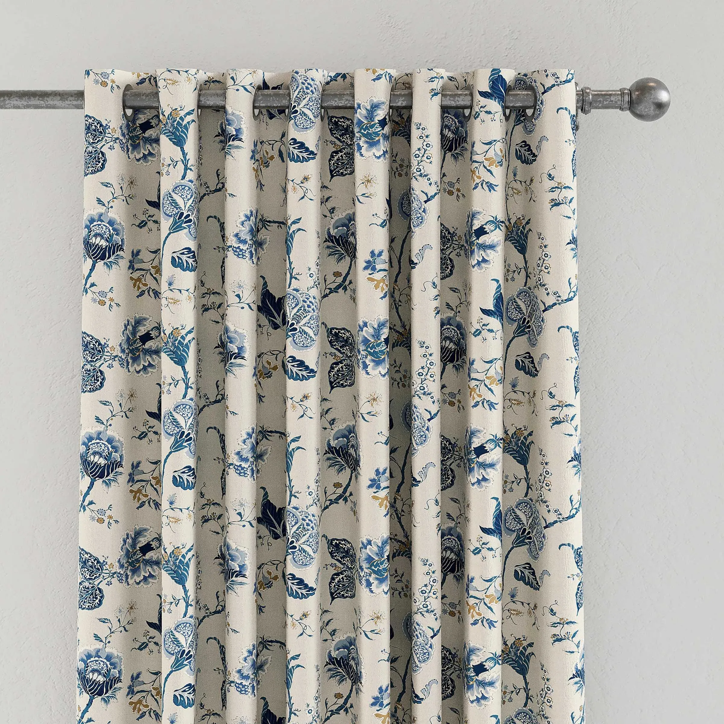 Lined Curtains with Floral Motifs - Blue