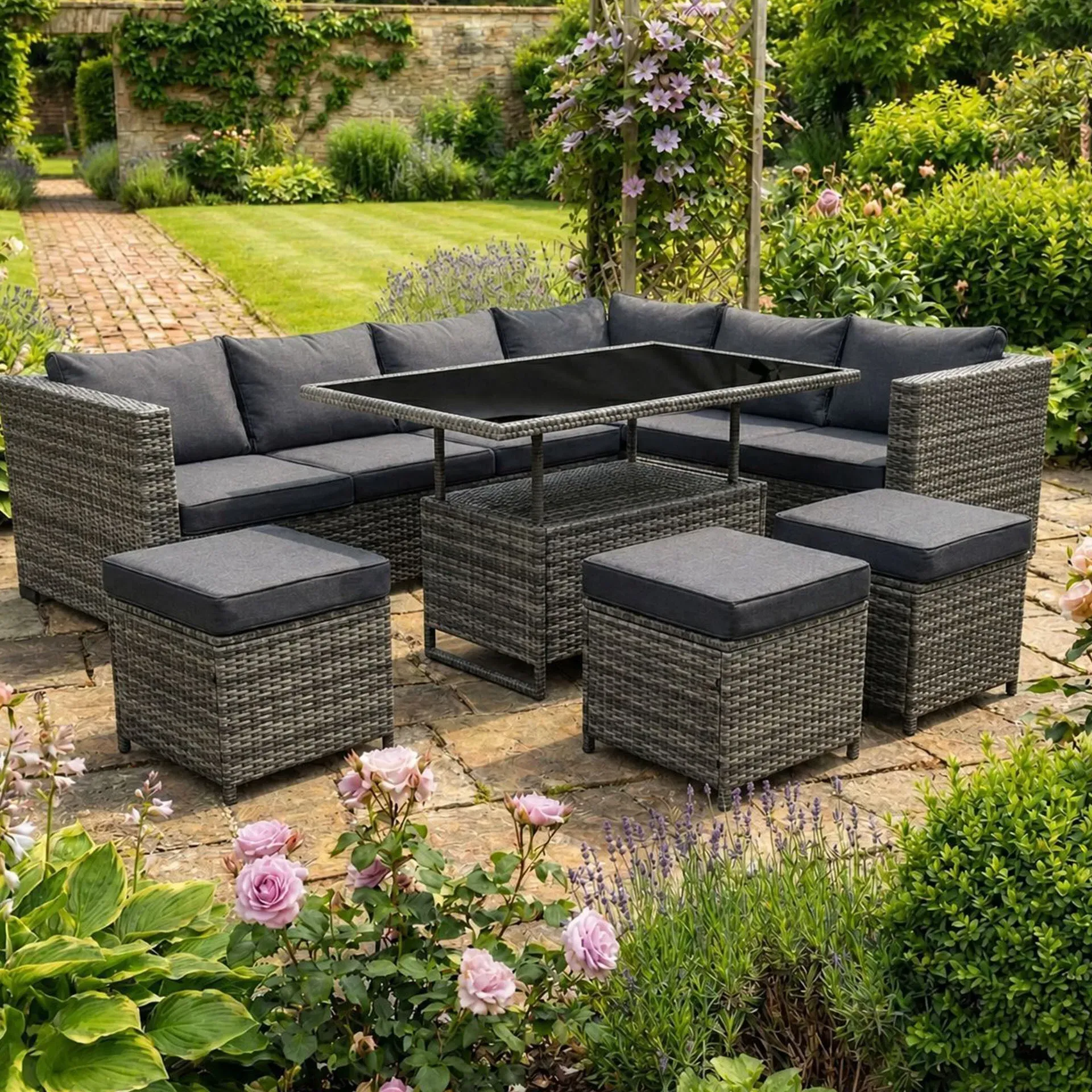 Serenity L-Shaped Corner Garden Set with Stools - Rattan product