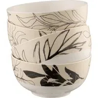 Minimal Flora Cereal Bowls Set of 4 - Black, Fine China