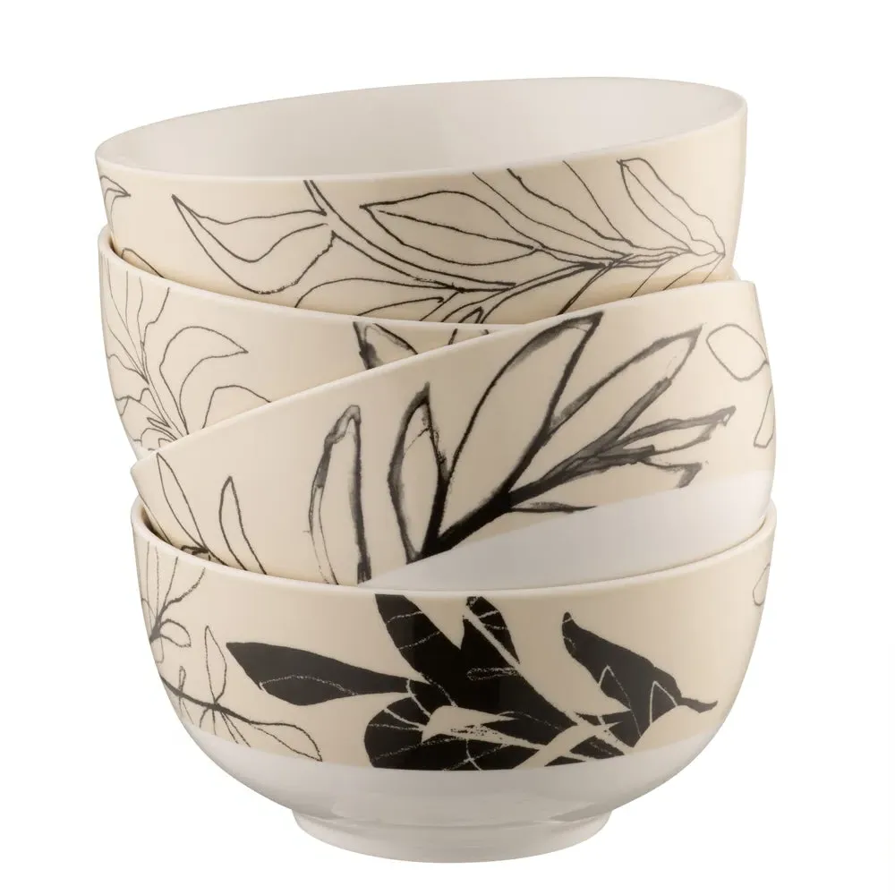 Minimal Flora Cereal Bowls Set of 4 - Black, Fine China