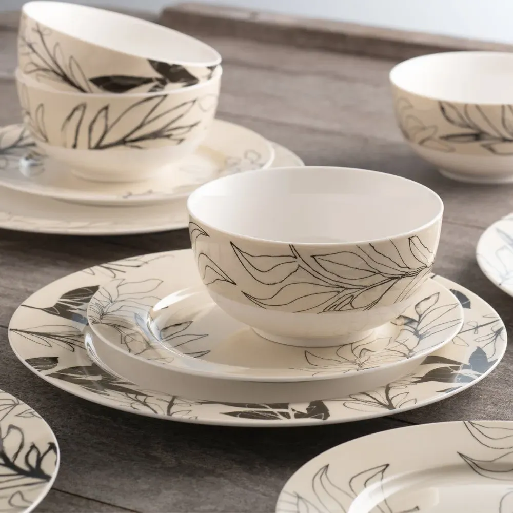 Minimal Flora Dinner Plates Set of 4 - Black, Fine China