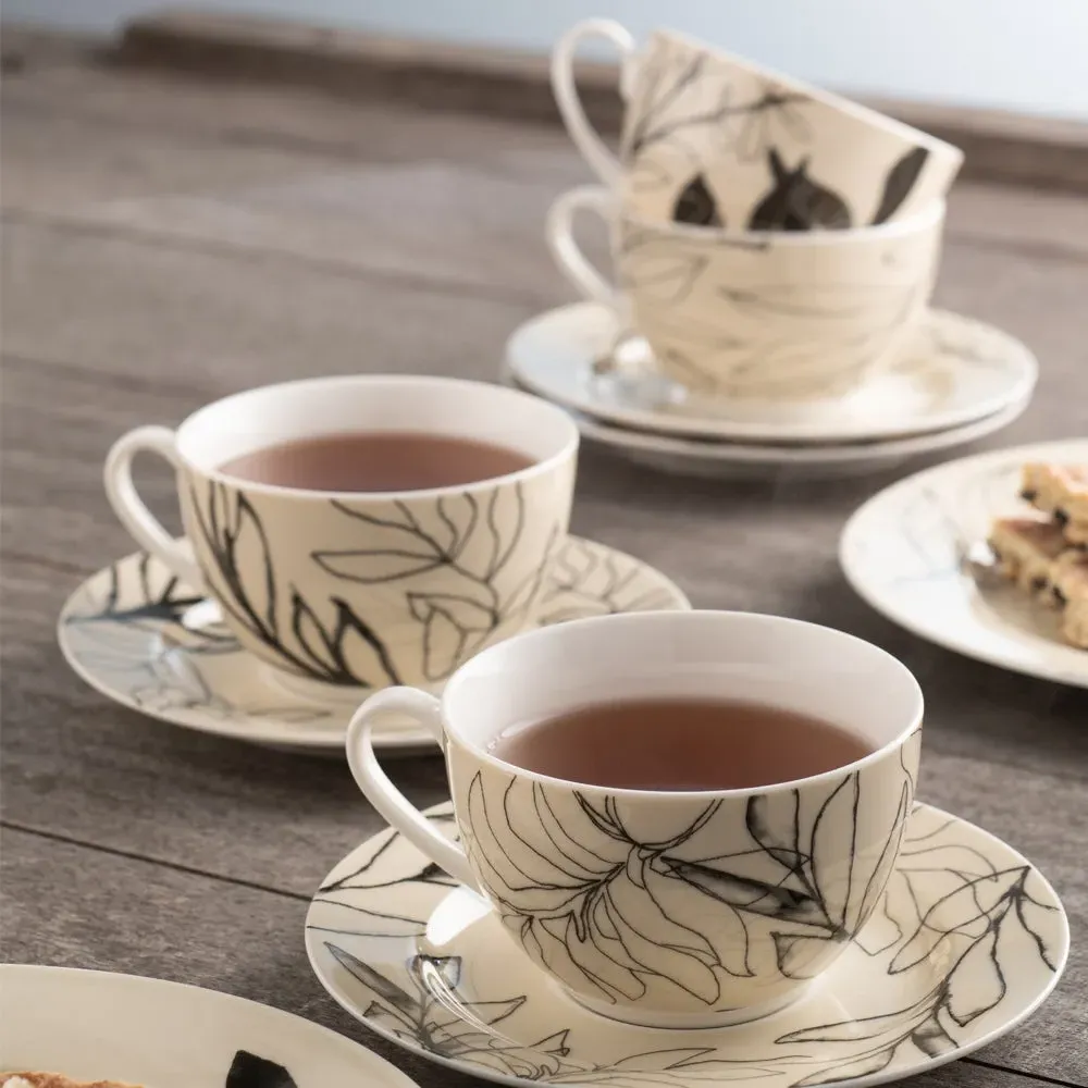 Minimal Flora Tea Cups & Saucers Set of 4 - Black, Fine China