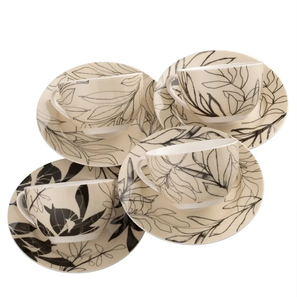 Minimal Flora Tea Cups & Saucers Set of 4 - Black, Fine China