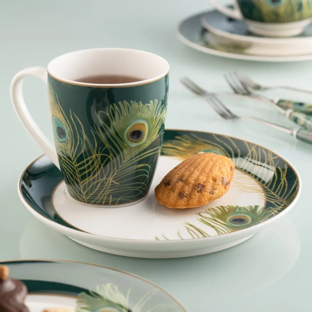 Peacock Feather Mug & Tray Set - Fine China