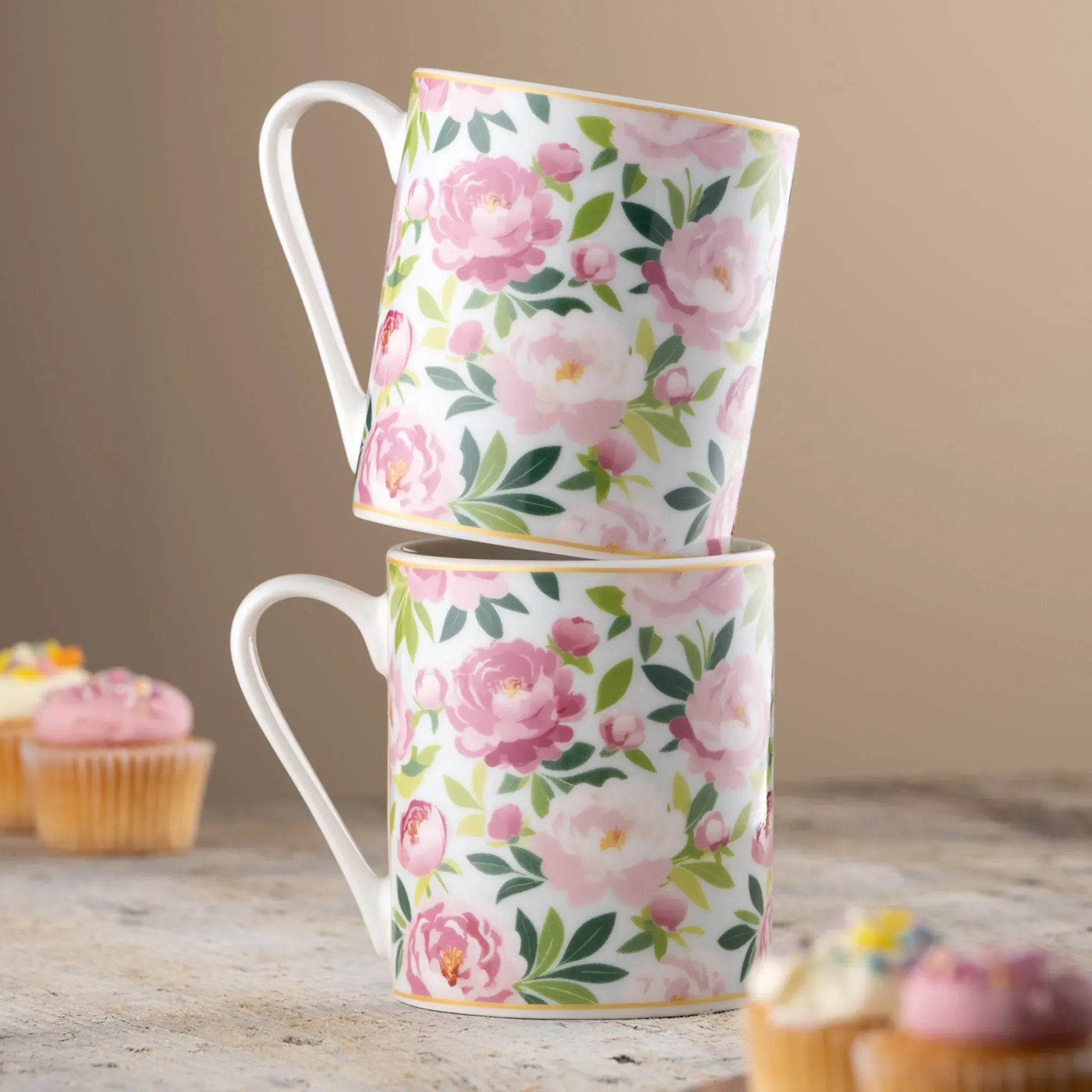 Pink Peony Mugs Pair - Fine China