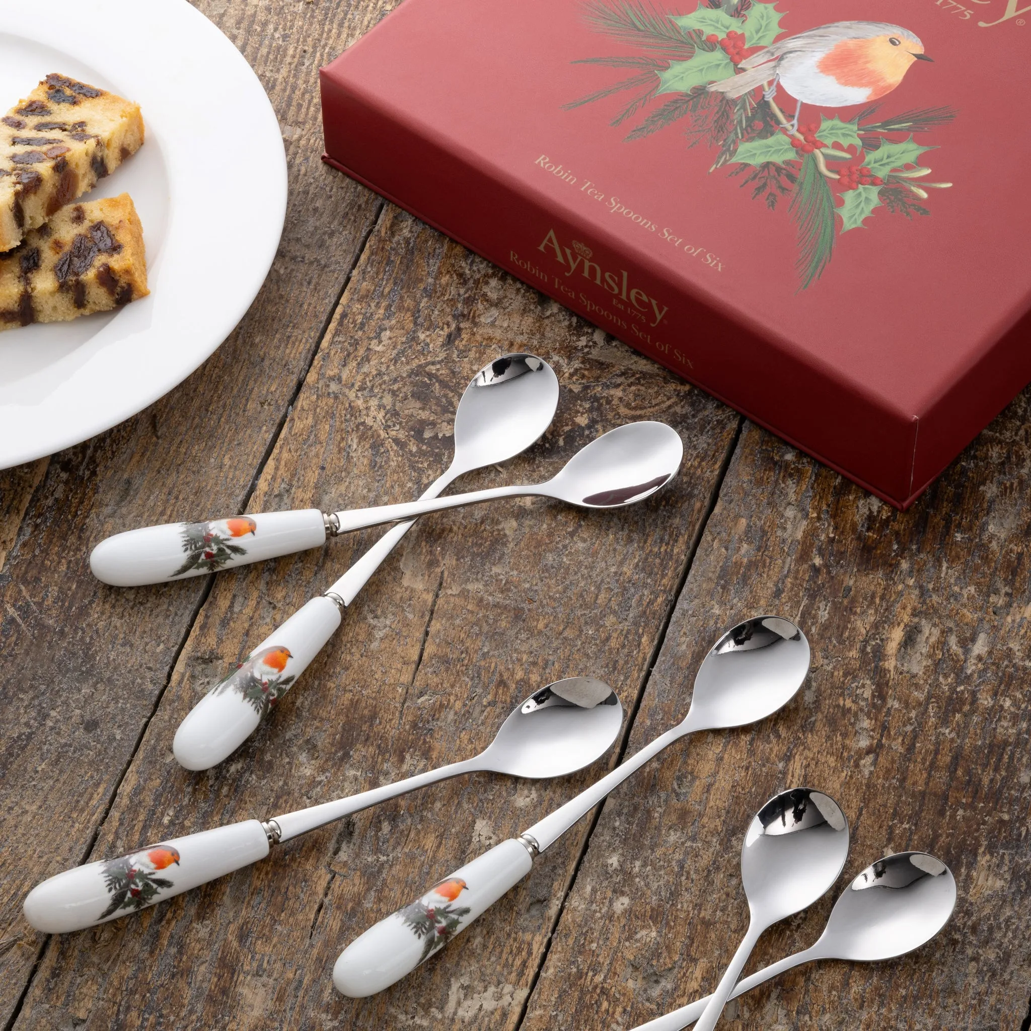 Robin Teaspoons Set of 6 - Porcelain, Stainless Steel