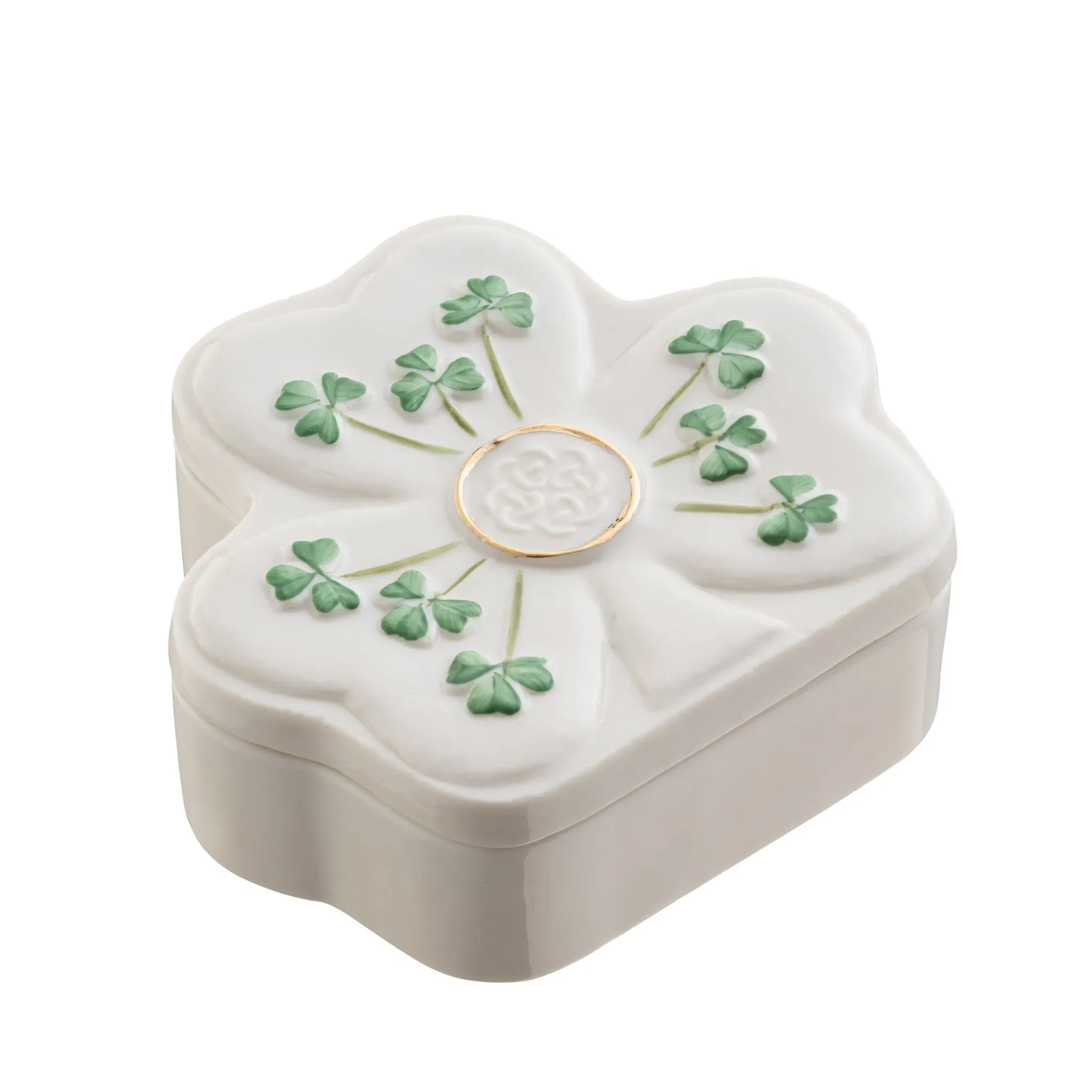 Belleek Classic Shamrock Shaped Trinket Box - White, Gold product