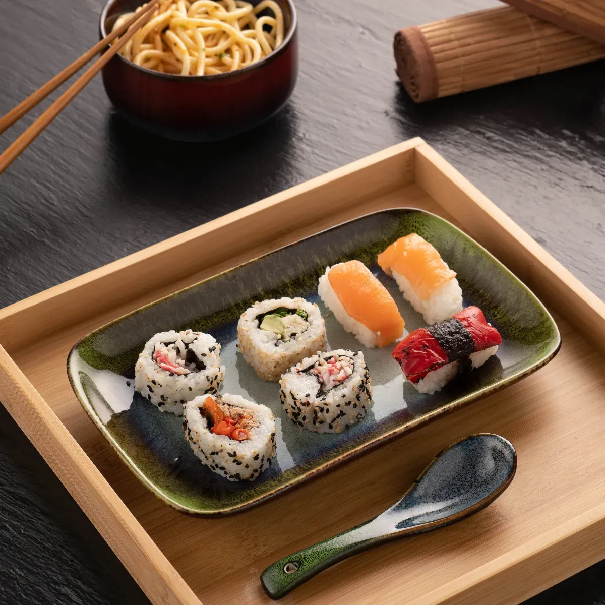 Koda Serving Tray Set with Bowls - Stoneware, Bamboo