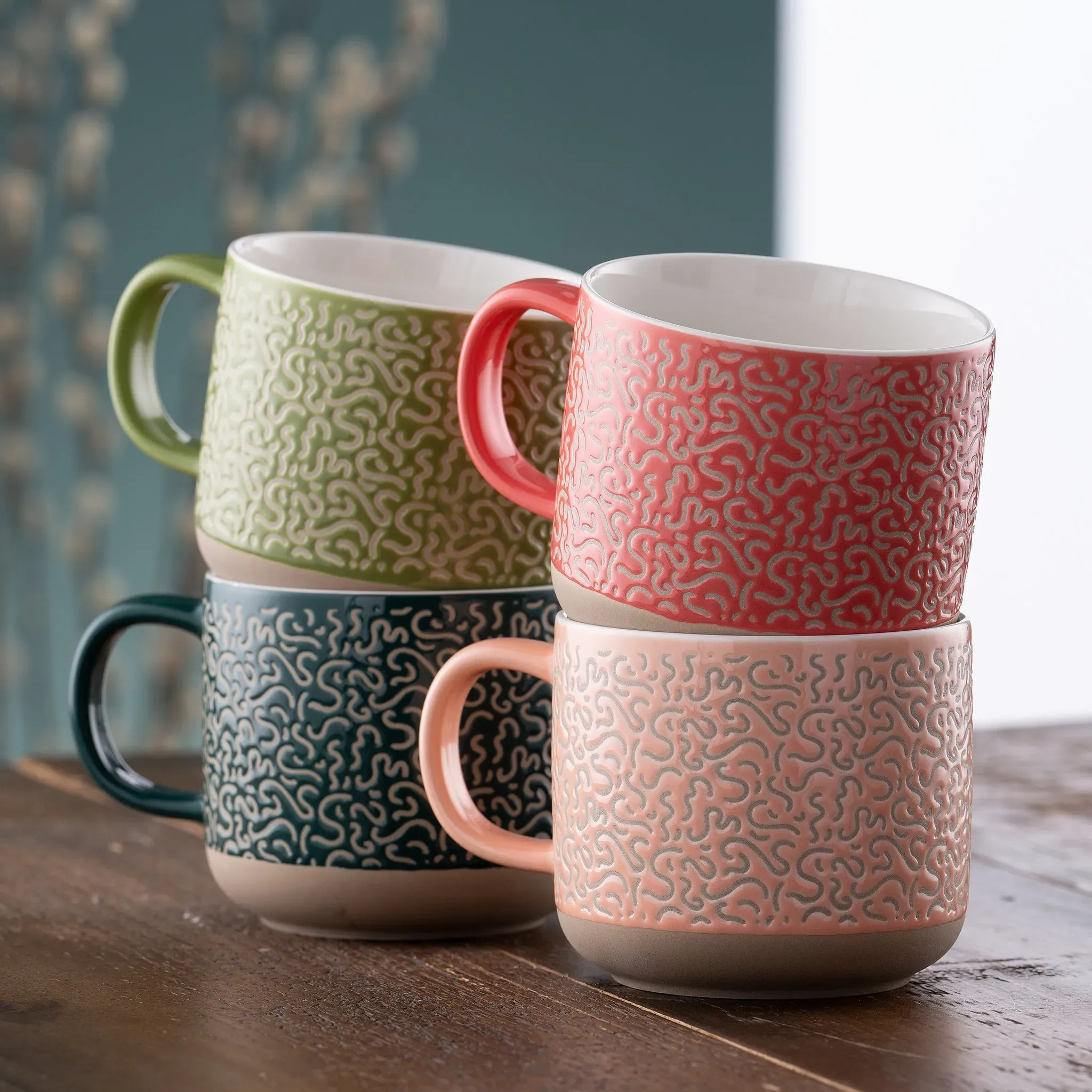 Squiggle Mugs Set of 4 - Pink, Fine China