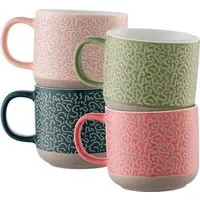 Squiggle Mugs Set of 4 - Pink, Fine China