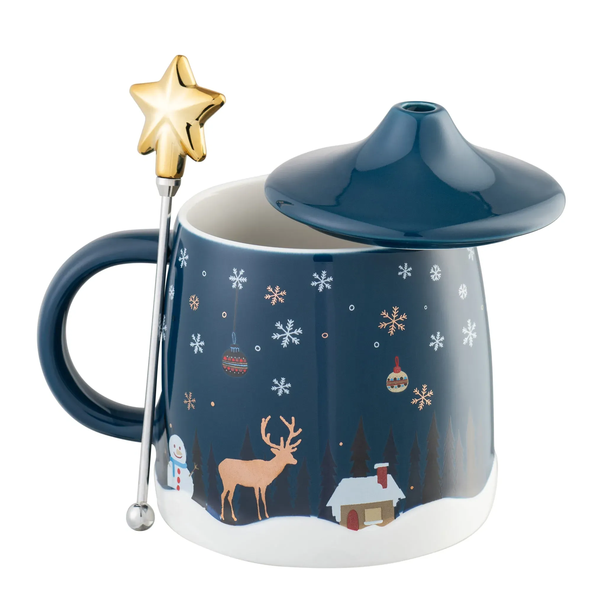 Winter Scene Lidded Mug with Stirrer - Gold Accents