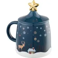 Winter Scene Lidded Mug with Stirrer - Gold Accents