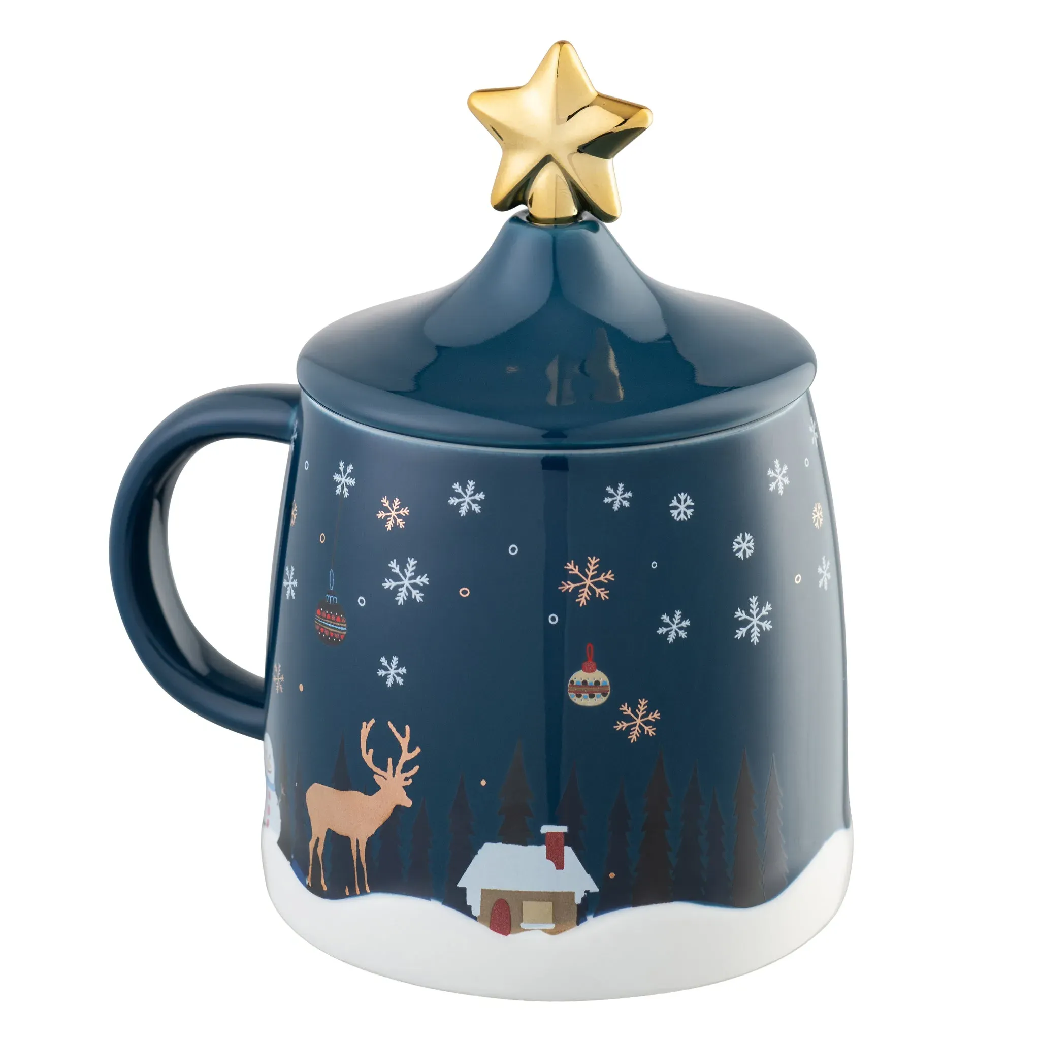 Winter Scene Lidded Mug with Stirrer - Gold Accents image