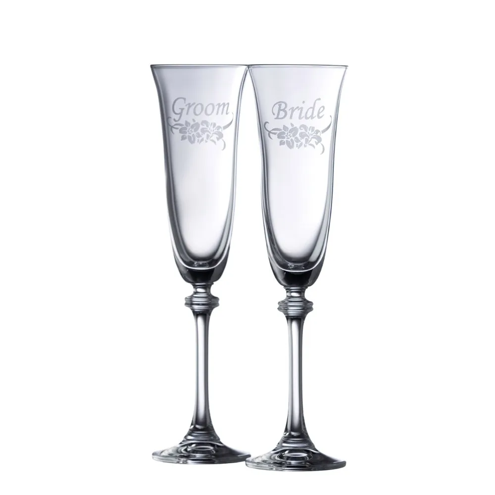 Floral Bride & Groom Liberty Champagne Flute Pair - Crystal product