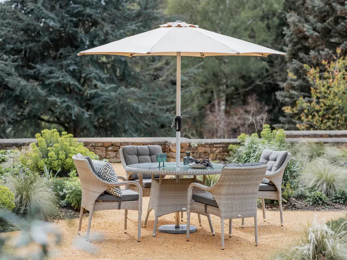 Cherington Rattan 4 Seat Round Dining Set with Parasol & Base product