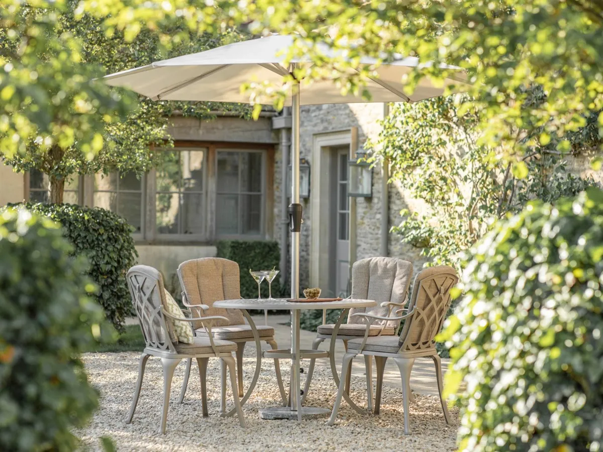 Milan Round 4-Seat Outdoor Dining Set with Parasol - Stone, Cast Aluminium product