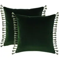 Cushion Cover with Tassels - Green, Velvet alternate view