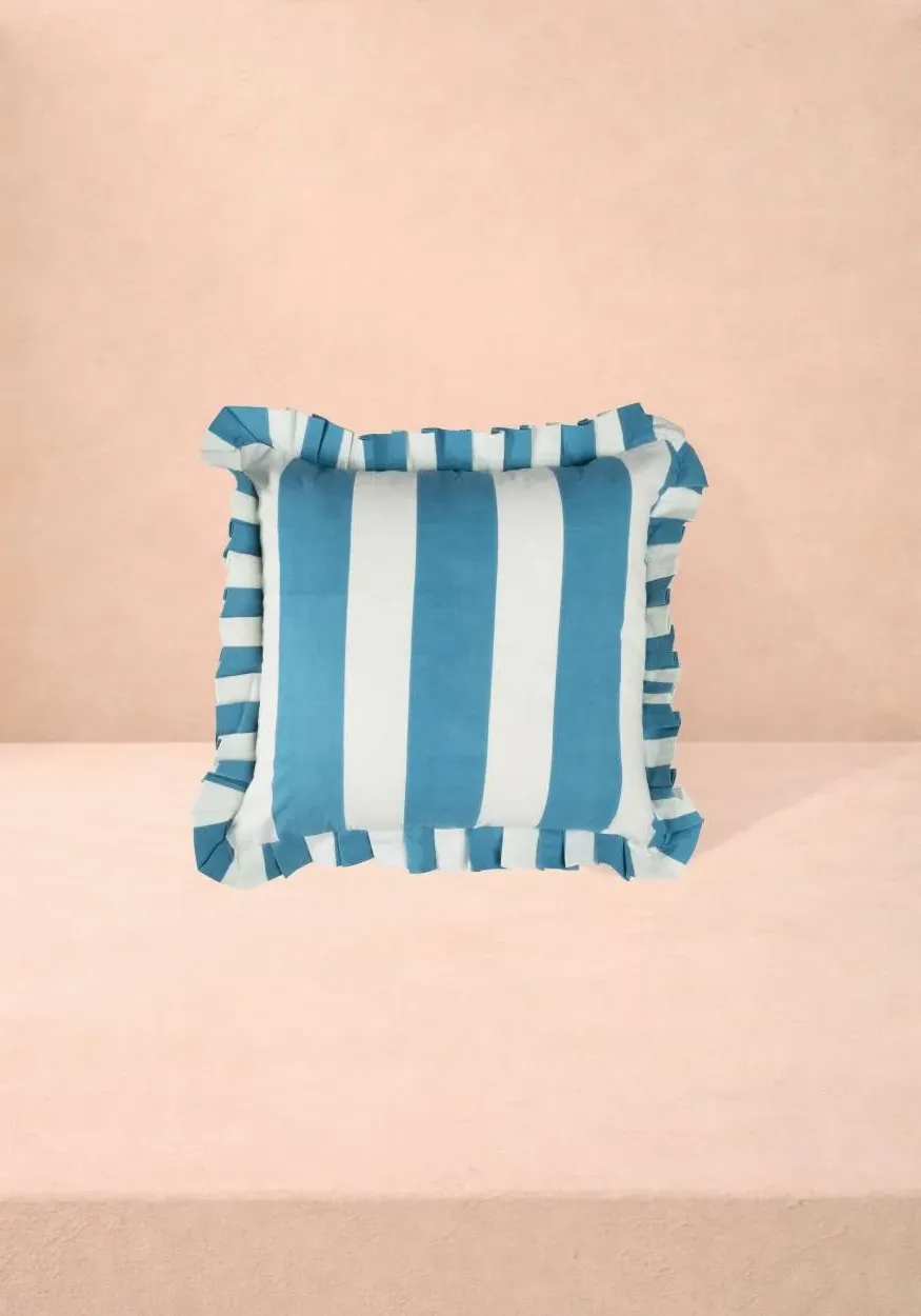 Cabana Striped Ruffled Cushion Cover - Blue, White product