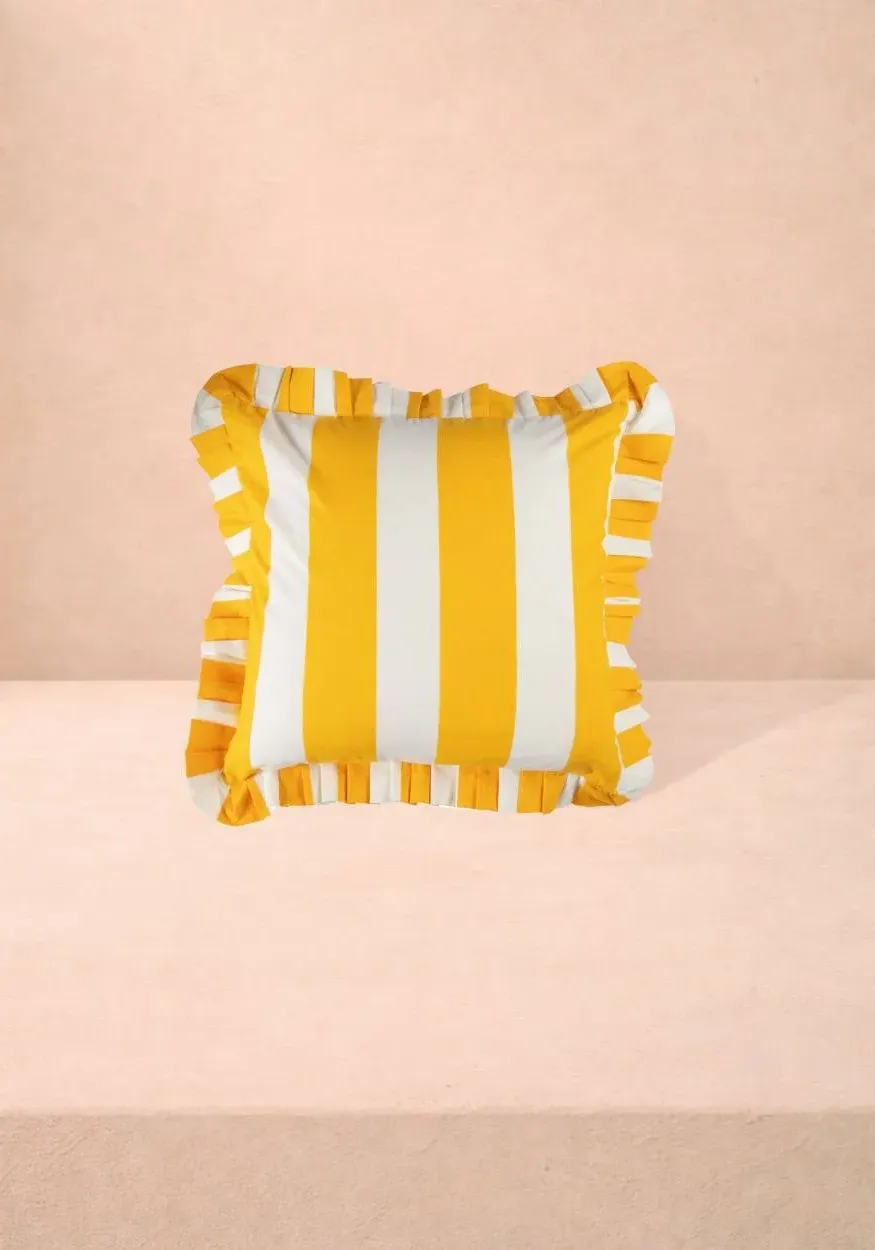 Cabana Striped Ruffled Cushion Cover - Yellow, White product