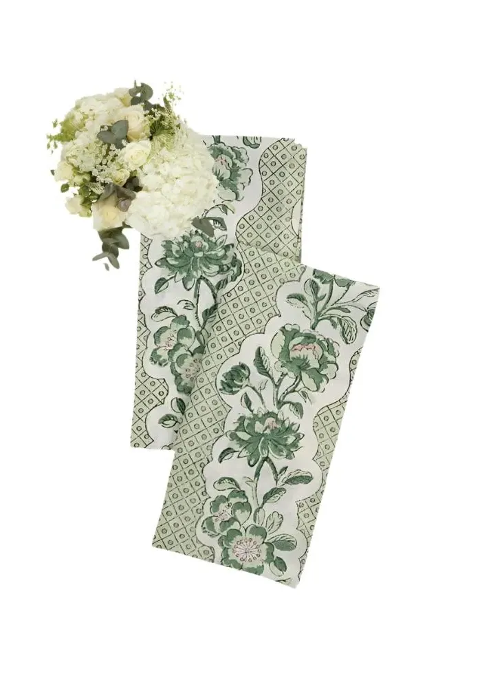 Napkin Set of 2 with Trellis Print - Green, Linen