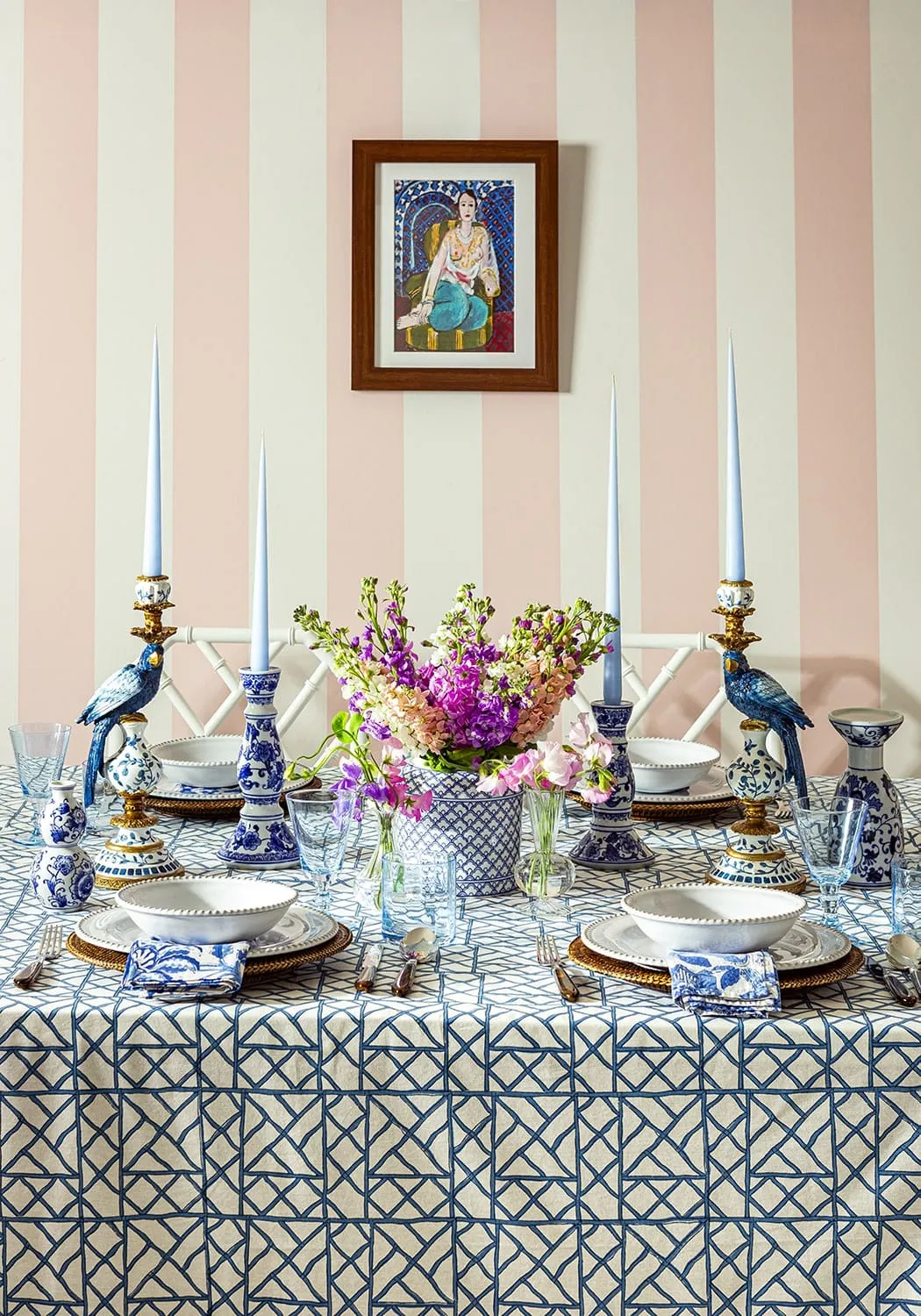 Tall Candle Holder Pair with Parrot - Blue