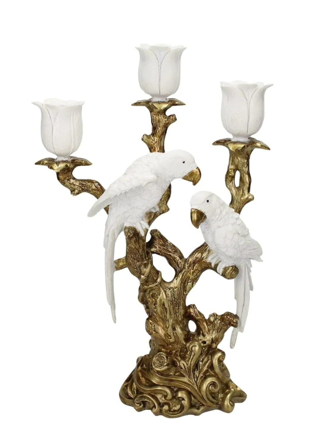 White Parrot on Golden Branches Candle Holders - White, Gold product