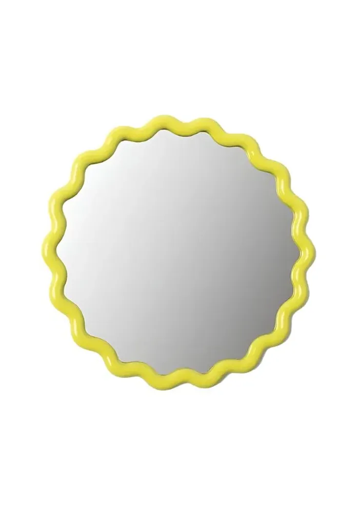 Round Wall Mirror with Wavy Frame - Yellow