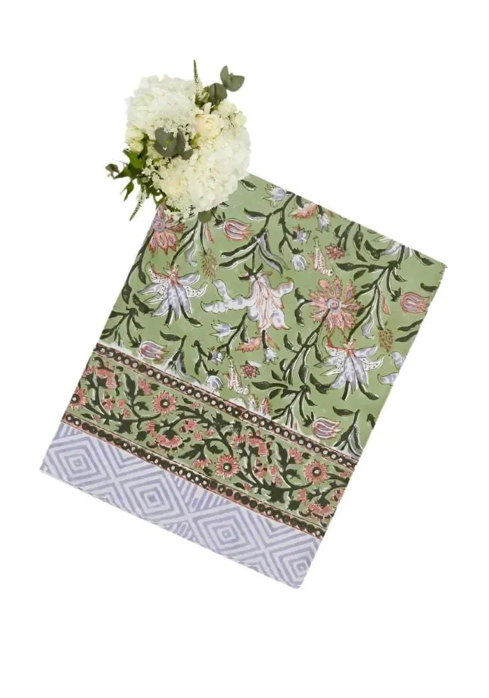 Floral Print Tablecloth - Green, Cotton