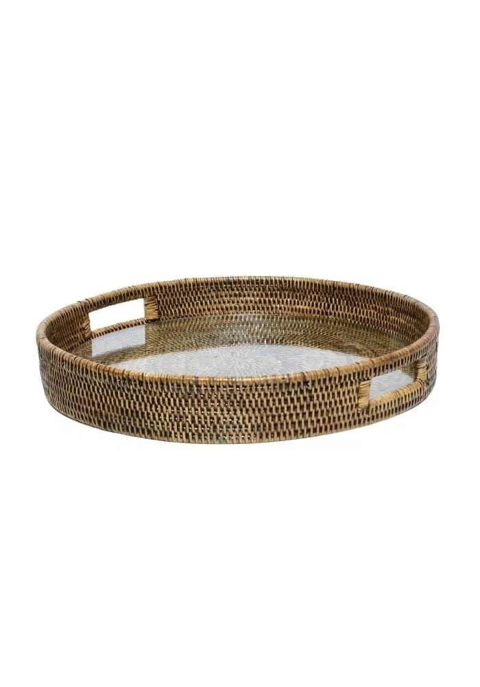 Round Serving Tray - Brown, Rattan image