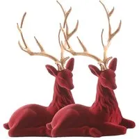 Large Flocked Sitting Deer Set of 2 - Red, Velvet alternate view
