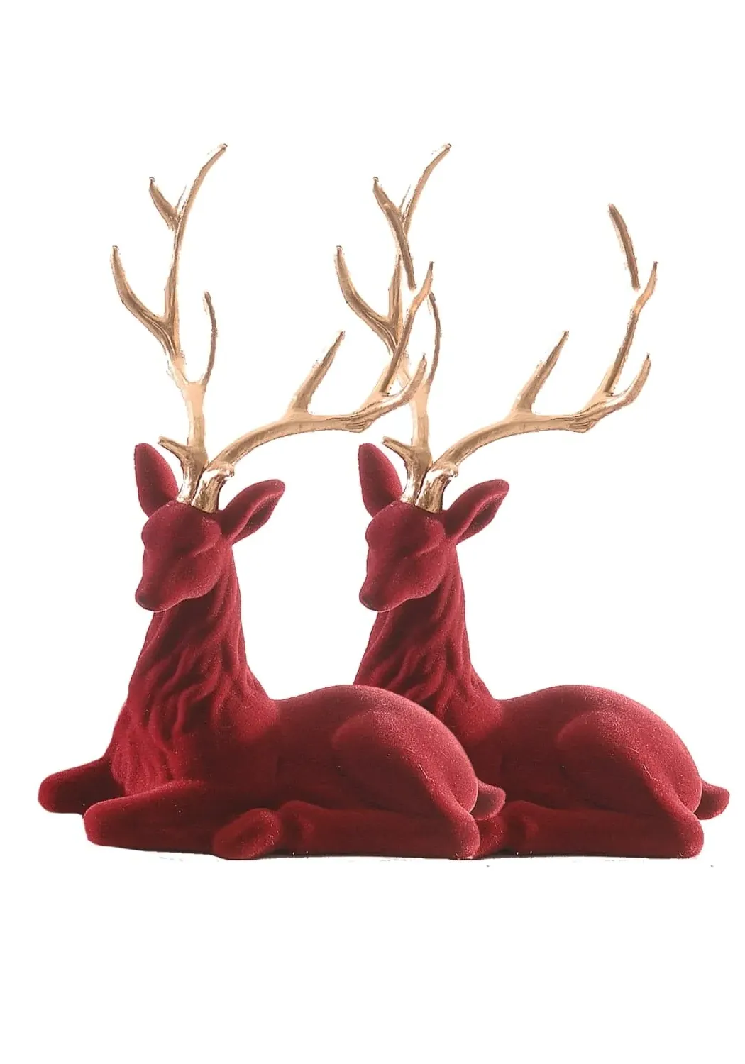 Large Flocked Sitting Deer Set of 2 - Red, Velvet product
