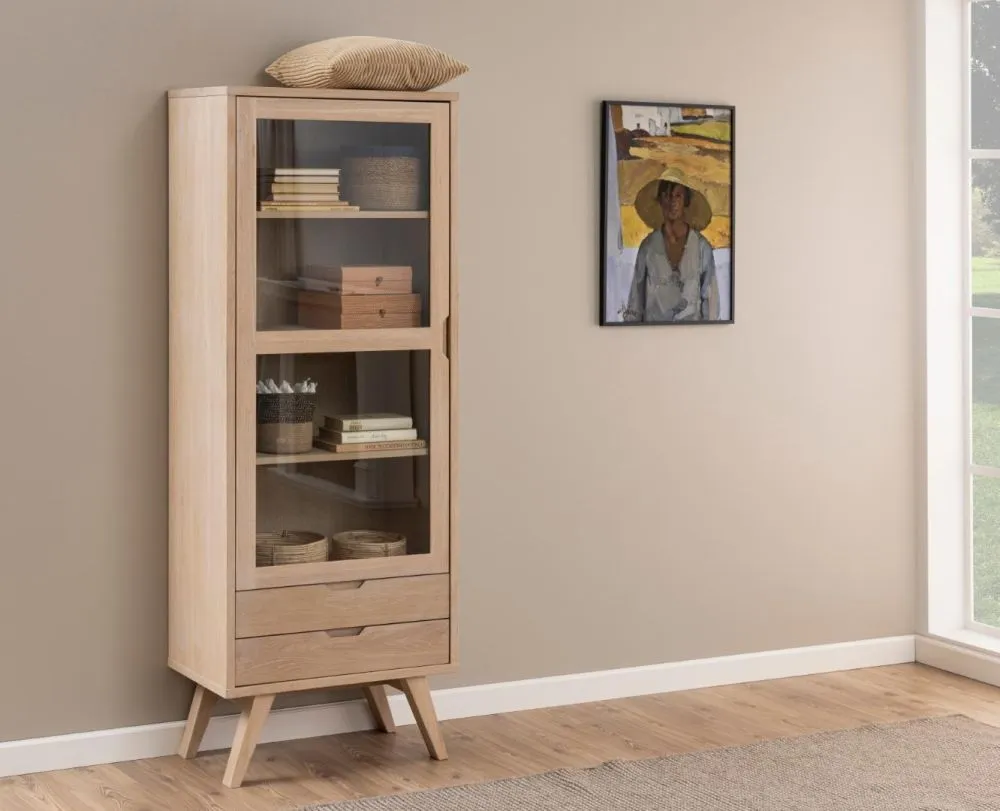 A Line Oak Tall Display Cabinet with Storage - Oak Veneer
