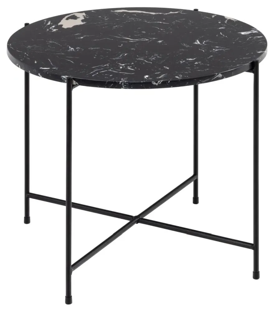 Avila Large Round Side Table - Black, Marble Effect