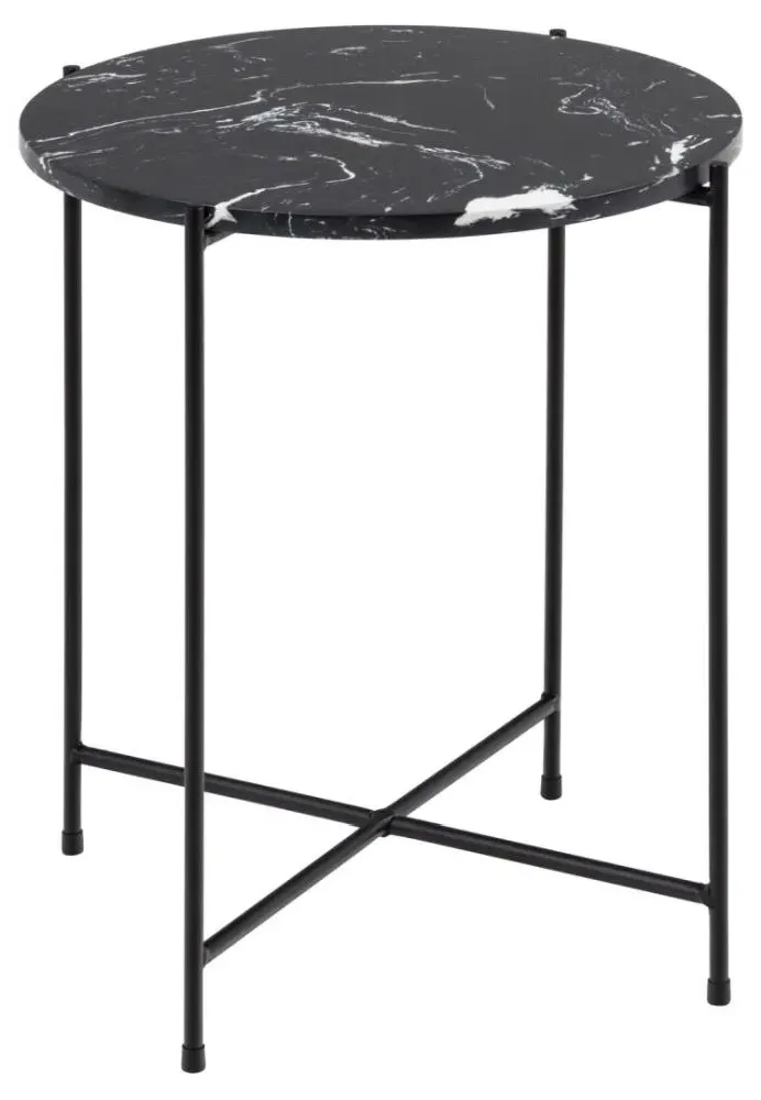 Avila Small Round Side Table - Black, Marble Effect