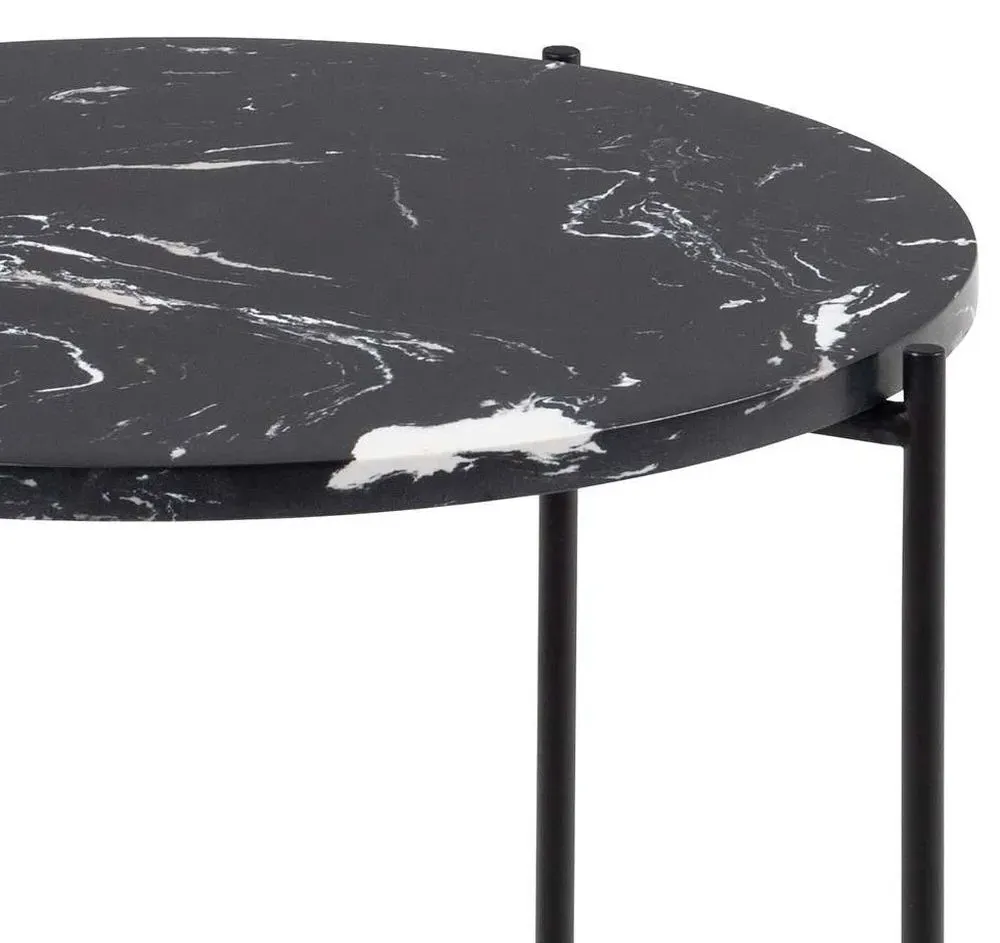 Avila Small Round Side Table - Black, Marble Effect